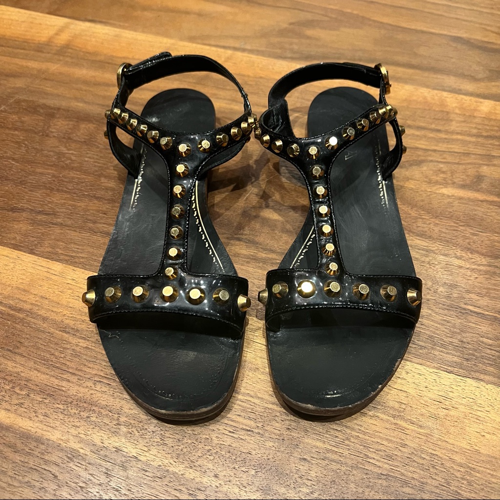 Prada Black And Gold T-Strap Sandals With Studs